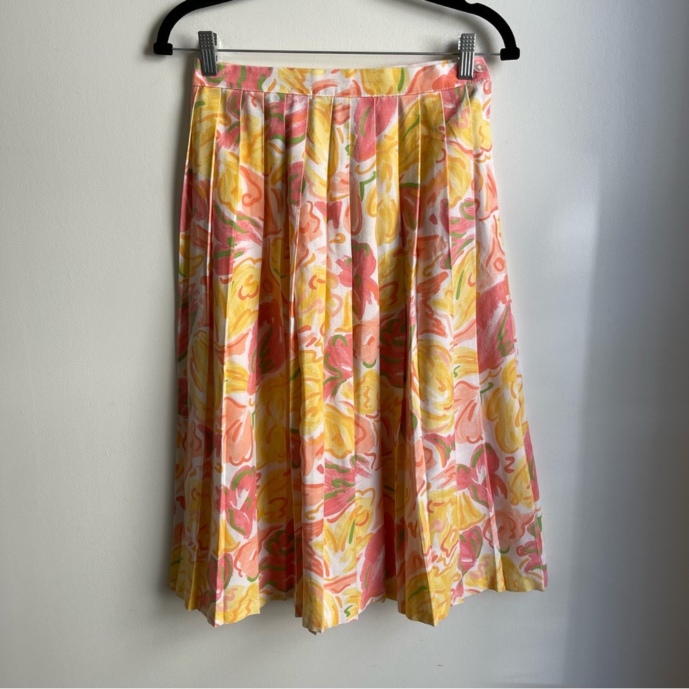 Vintage Pleated Floral Midi Skirt Russ New Attitude ILGWU Yellow Pink  26" Small